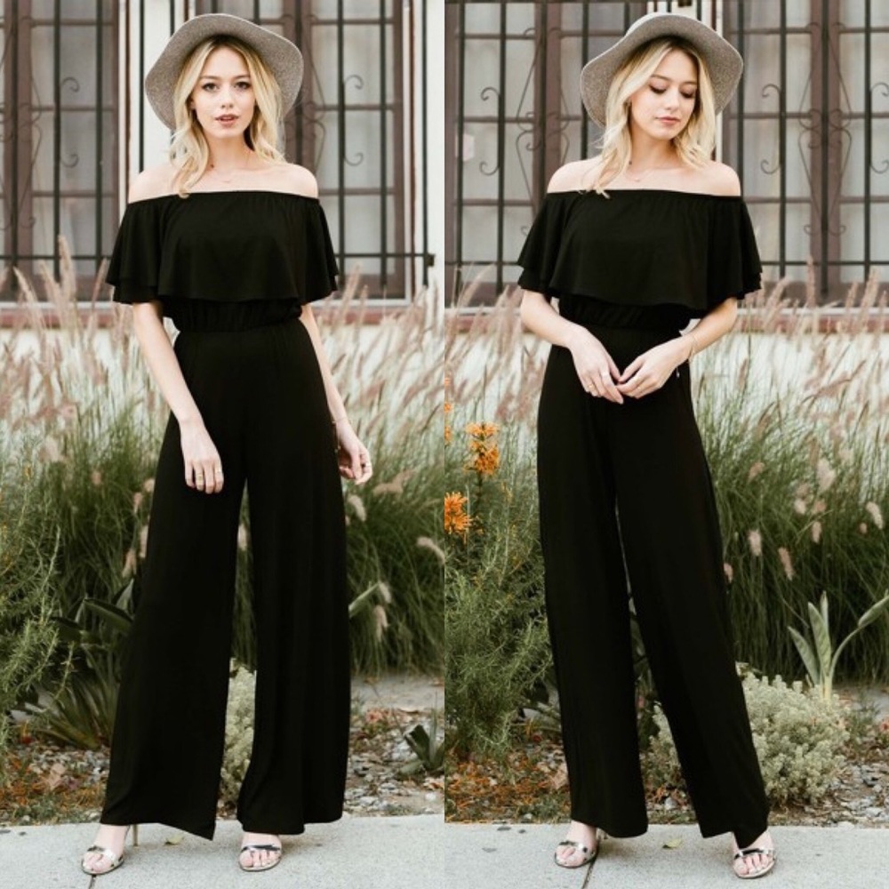 Black Off Shoulder Jumpsuit Jersey material